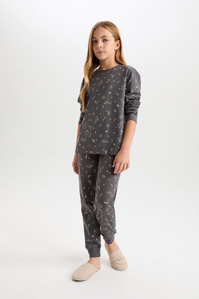 DeFacto Gemustertes Pyjama-Set für Mädchen – lange Ärmel, elastische Taille, D6654a824wn