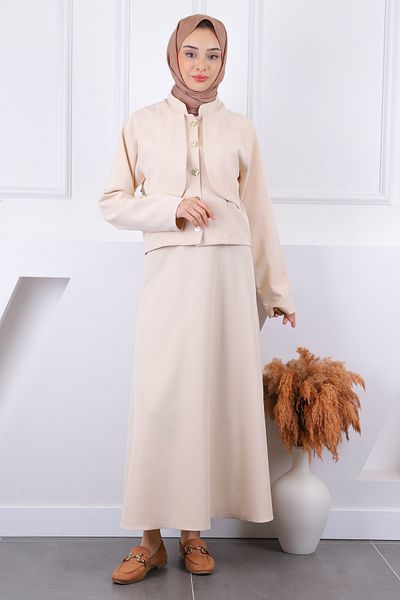 İmajButik Κρεμ μπουφάν με κουμπιά μπροστά με φούστα