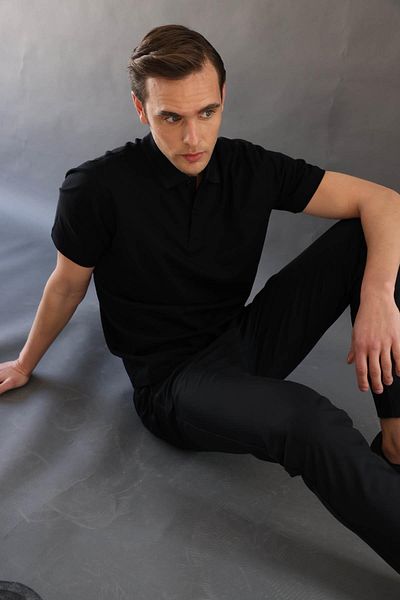 Desen Triko Ανδρικό μπλουζάκι Polo Neck Pique Mercerized Μαύρο