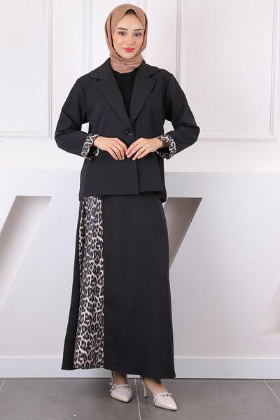 İmajButik Κοστούμι με φούστα με μαύρο λεοπάρ σχέδιο