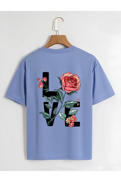 SOFTWAY Unisex Oversize Crew Neck Rose Love Basic T-Shirt - ΜΠΛΕ