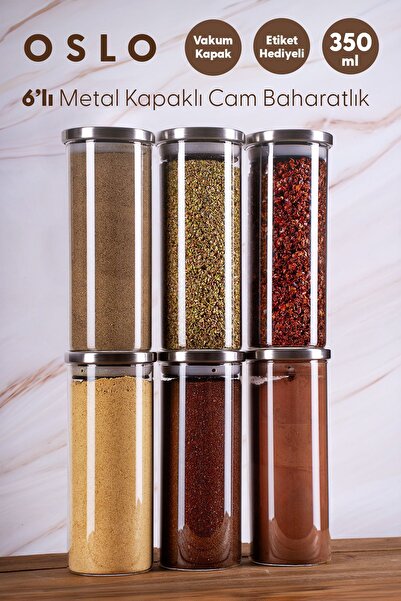 Fhilli Oslo 350ml Spice Rack Vacuum Glass Storage Set - 6 Pieces with Metal Lid