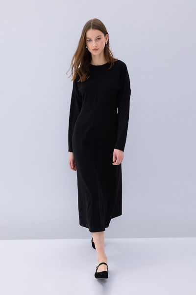DeFacto Relax Fit Crew Crew Krep Dlouhý rukáv Maxi černé šaty D7485Ax24Wn