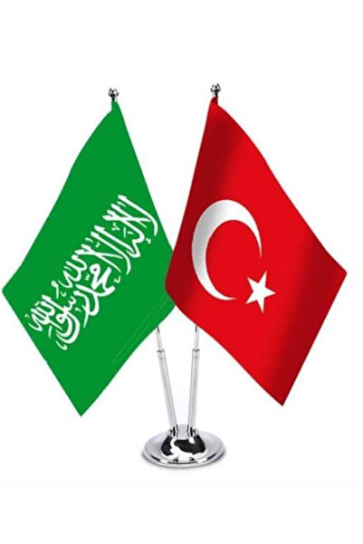 Özel Flama Bayrak Kelime i tevhid ve Türk bayrağı krom direkli saten kumaş çiftli masa bayrağı seti