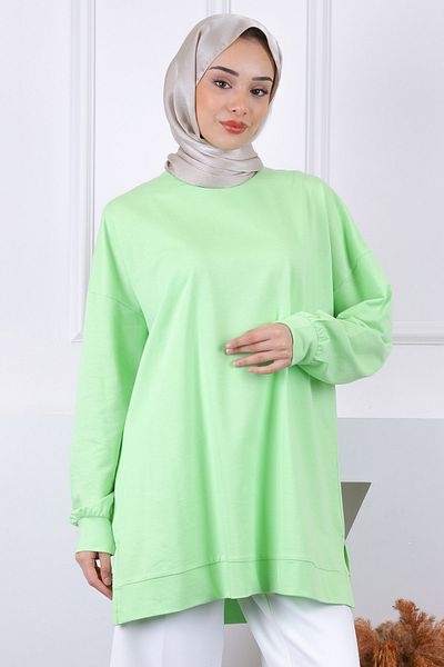 İmajButik Νέον Πράσινο Βαμβακερό Ύφασμα Φούτερ με Πλαϊνό Σκίσιμο