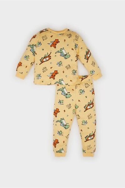 DeFacto Baby Boy Pajamas Set - Crew Neck, Dinosaur Print, Long Sleeve, Elastic Waist, Long Bottom D7143A