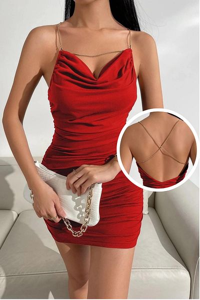 RUKOD Women's Red Chest Decal Chain Detailed Gathered Sexy Dress