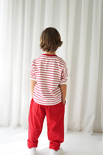 Catz Kids Red Gabardine Carrot Trousers + Red White Striped Combed Cotton Sweat