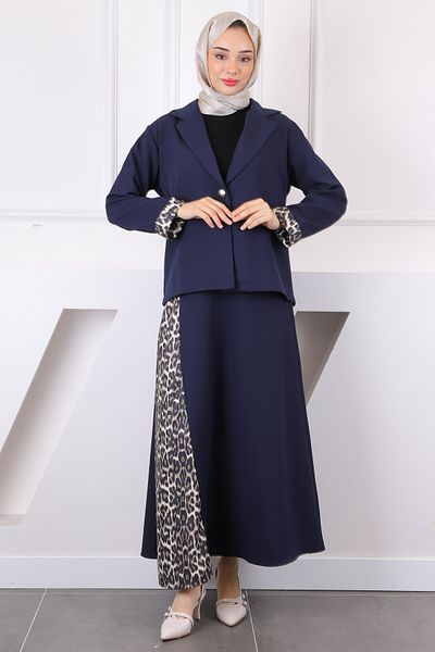 İmajButik Σετ μπουφάν με σχέδιο Navy Blue Leopard με φούστα