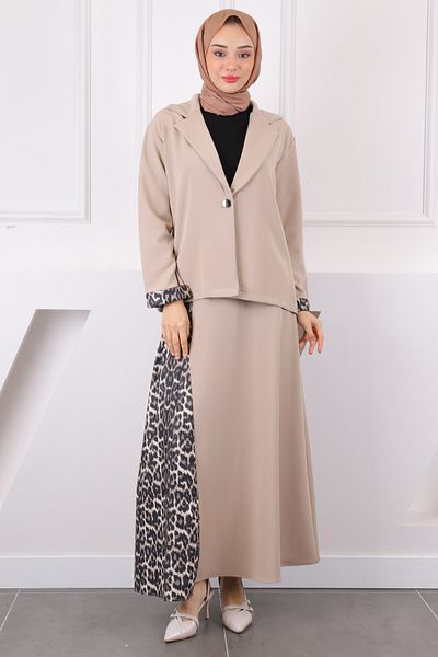 İmajButik Σετ μπουφάν με μπεζ λεοπάρ σχέδιο με φούστα