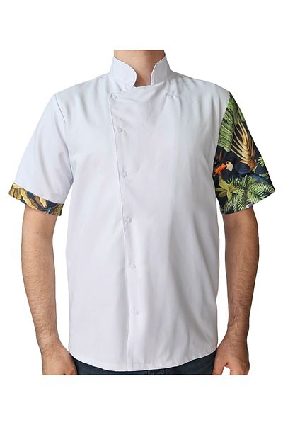 Ant Rotagrup Üniforma ve İş Elbiseleri Unisex Chef Jacket - Tropical Bird Pattern, Hungry Snap Fastener, Short Sleeve, Summer Kitchen Hood