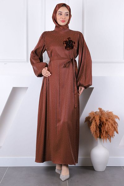 İmajButik Βραδινό φόρεμα σατέν με πέτρινο μανίκι καφέ μπαλόνι