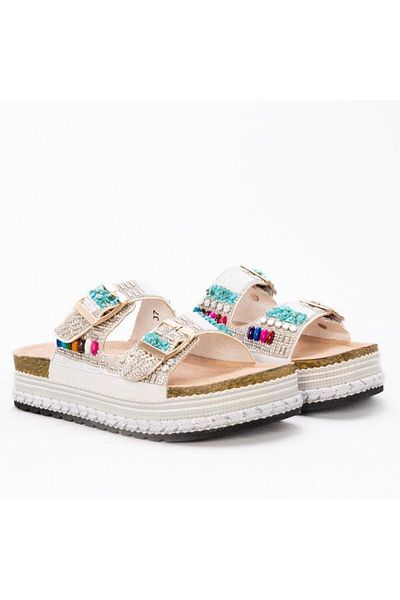 Guja 25Y103 Women's Thick Sole Straw Stone Double Buckle Slippers