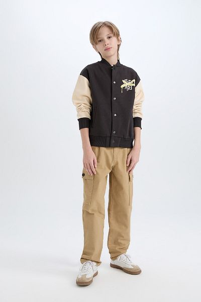DeFacto Boy's Bomber Cardigan - College Collar, Back Print, Snap Closure D7214A824Cw
