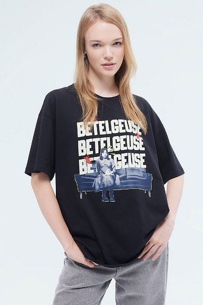 DeFacto Μπλουζάκι με στάμπα Beetlejuice Oversize - Crew Neck, κοντό μανίκι D8093ax24au