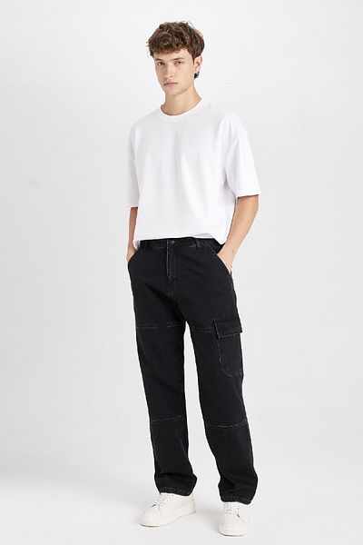 DeFacto 100 % Baumwolle, weites Bein, weite Passform, normale Taille, weites Bein, Cargotaschen-Jeanshose B4638ax24au