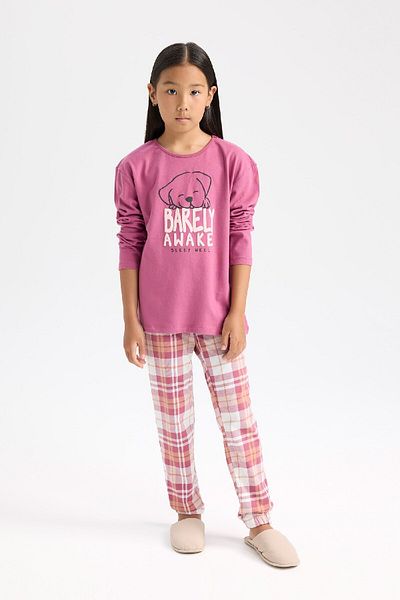 DeFacto Bedrucktes Langarm-Pyjama-Set für Mädchen – Oberteil mit elastischem Bund D7740A824WN