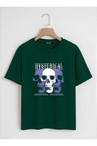 SOFTWAY Unisex Οργανικό Oversize Hysterigal Εκτυπωμένο Basic T-shirt - Σκούρο Πράσινο