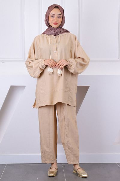 İmajButik Σετ παντελόνι τουνίκ με μπεζ κουκούλα