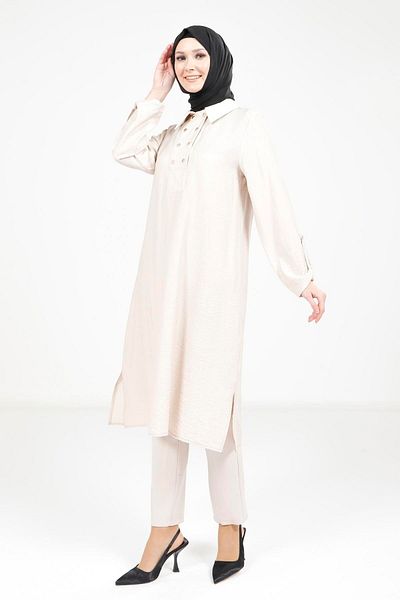 Beyza Stone Color Hijab Tunic with Epaulets on Sleeves 9340