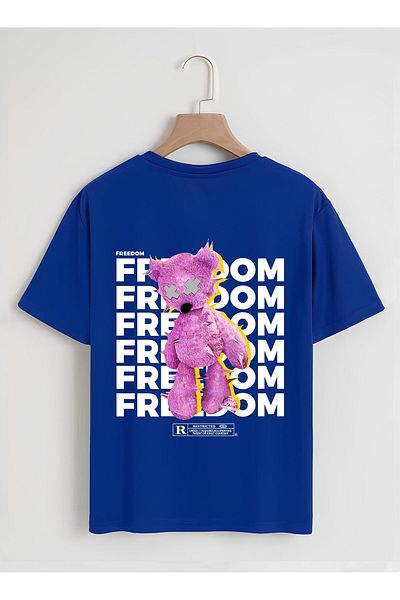 SOFTWAY Ανδρικό/Γυναικείο Οργάνικο Oversize Freedom Εκτυπωμένο Basic T-shirt - Σαξ Μπλε