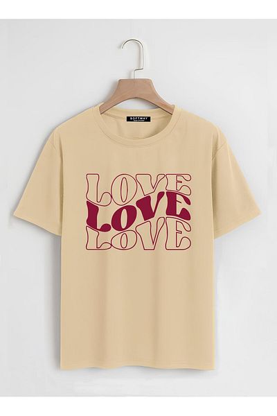 SOFTWAY Unisex Oversize Crew Neck Theree Love Printed Basic T-Shirt - ΜΠΕΖ