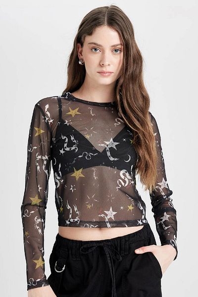 DeFacto Coool Fitted Body Sitting Print Tulle Short Sleeve Black T-Shirt D8033Ax24Wn