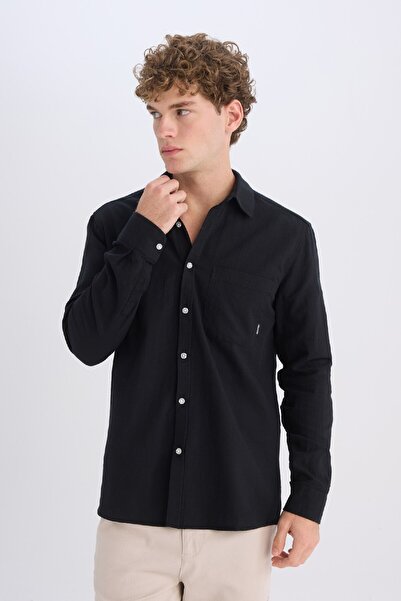 DeFacto %100 Pamuk Regular Fit Basic Düz Uzun Kollu Siyah Gömlek D7079ax25sp