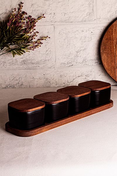 Snippy Luma Black - 5 Piece Tray Wooden Vacuum Lid Ceramic Breakfast Bowl Snack Bowl 300 ml