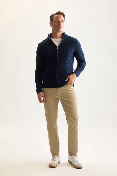 DeFacto Marineblauer Waffel-Cardigan mit normaler Passform und halbem Rollkragenpullover und Reißverschluss R1195azns
