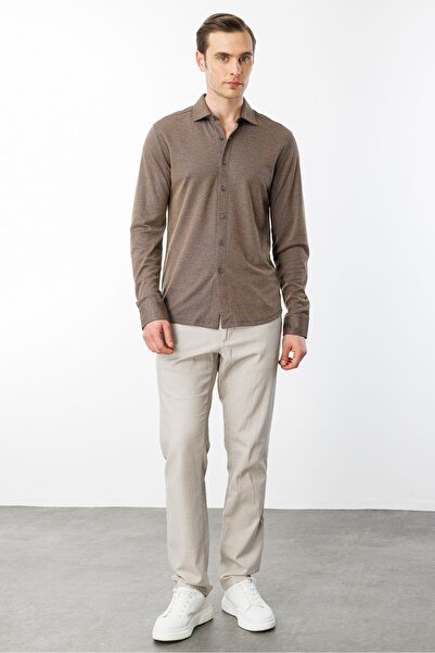 Desen Triko Ανδρικό πουκάμισο με μακρυμάνικο μανσέτα και καφέ