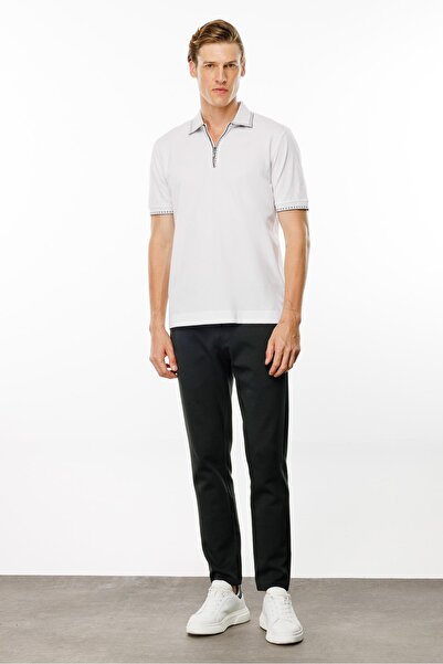 Desen Triko Λευκό ανδρικό μπλουζάκι πόλο με φερμουάρ