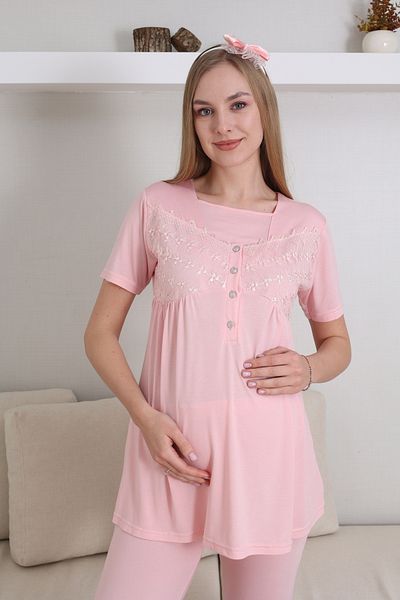 Lohussa Women's Salmon Lace Maternity Maternity Pajamas Set of 3 Cotton Special Design