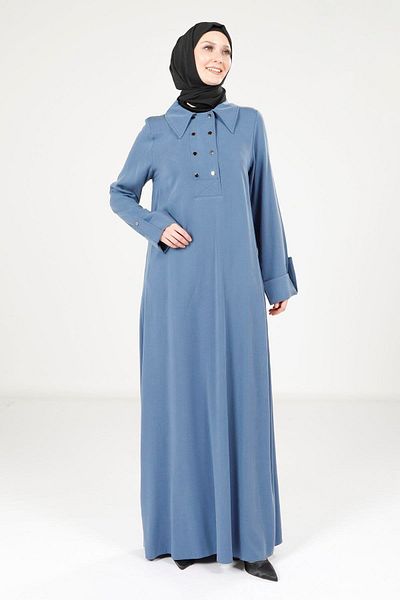 Beyza Φόρεμα Indigo Color - Κατά του μοντέλου 9215 με λεπτομέρεια γιακά και κουμπιού