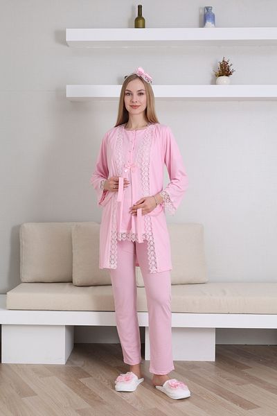 Lohussa Women's Pink Lace Special Design Cotton Maternity Maternity Dressing Gown Pajama Set Set of 3