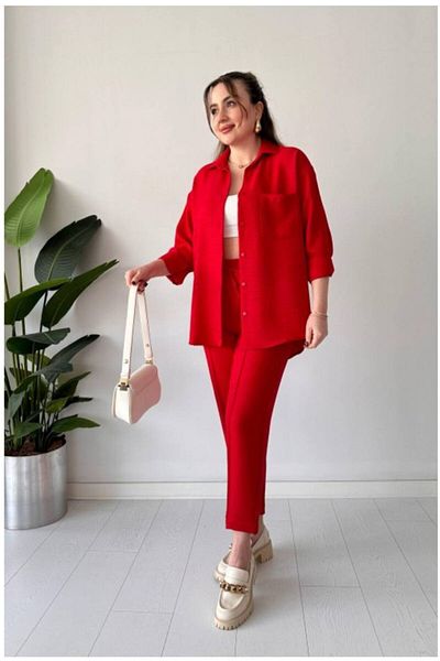 BUTİK1AVM Women's Two-Piece Set: Light Blue, Lilac, Navy Blue, Black, Red, and Dusty Rose Color Pants and Shirt