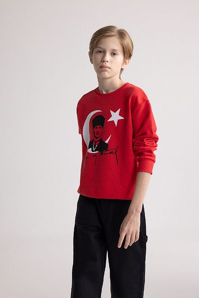 DeFacto Rotes Sweatshirt mit Rundhalsausschnitt und Atatürk-Aufdruck für Jungen D8199a824wn
