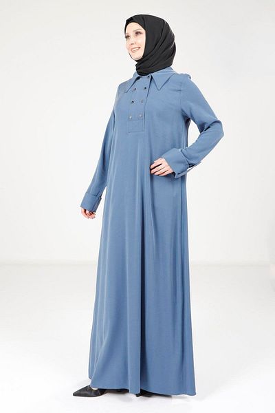 Beyza Φόρεμα Indigo Color - Κατά του μοντέλου 9215 με λεπτομέρεια γιακά και κουμπιού