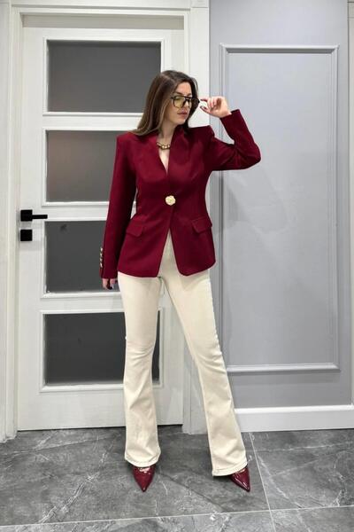 Banu Angay Gold Buttoned Ornamental Pocket Padded Claret Red Jacket