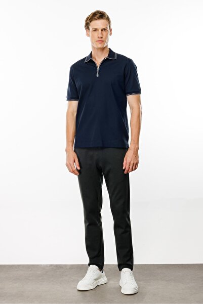 Desen Triko Ανδρικό μπλουζάκι με φερμουάρ με γιακά πόλο Navy Blue