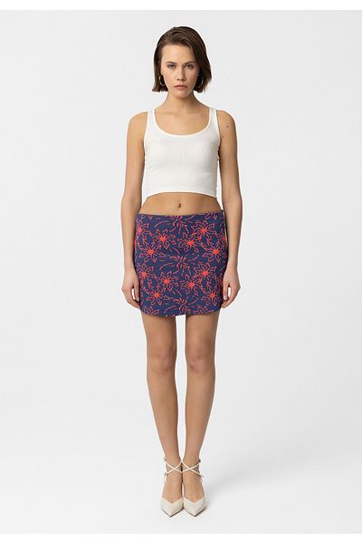 Williot Fusta mini pentru femei Fabiana, bleumarin, slim fit, cu imprimeu floral roșu