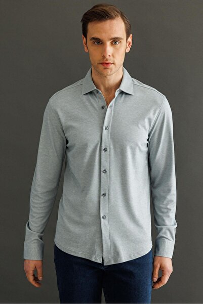 Desen Triko Cămașă gri pentru bărbați cu mânecă lungă