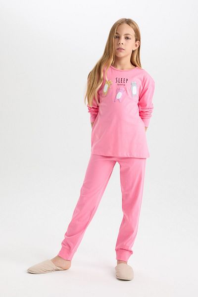 DeFacto Pyjama-Set für Mädchen – bedrucktes, langärmliges Ober- und Unterteil-Set D8586a8ns