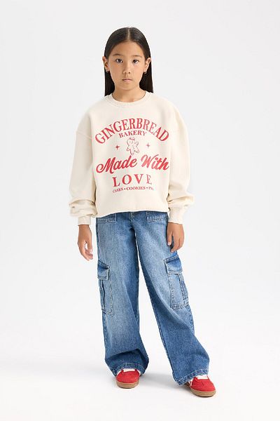 DeFacto Girls' Relax Fit Crew Neck Printed Sweatshirt D7058A824Wn