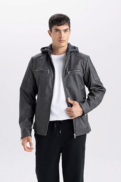 DeFacto Slim Fit Kunstledermantel Slim Fit Kapuzenreißverschluss R2523AZ25SP
