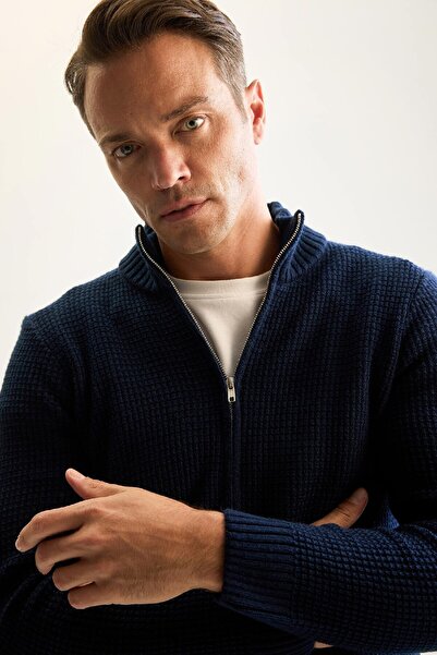 DeFacto Marineblauer Waffel-Cardigan mit normaler Passform und halbem Rollkragenpullover und Reißverschluss R1195azns