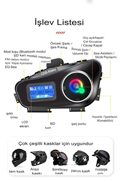 Serreha Q58-MAX 2 Kişi Bağlantılı Bluetooth Kask Kulaklık Ekranlı Fenerli Telsiz Intercom