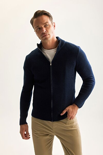 DeFacto Marineblauer Waffel-Cardigan mit normaler Passform und halbem Rollkragenpullover und Reißverschluss R1195azns