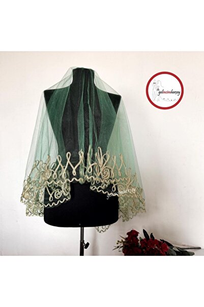 Gelincimherşey Henna Night Green Bridal Veil with Gold Embroidery