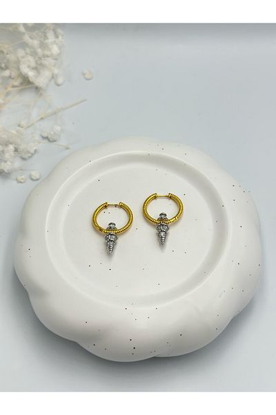 MyladyAccessoriess Double Color Baguette Stone Nail Detail Hoop Earrings (Steel)